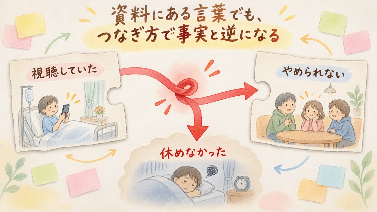 資料にある言葉でも、つなぎ方で事実と逆になる