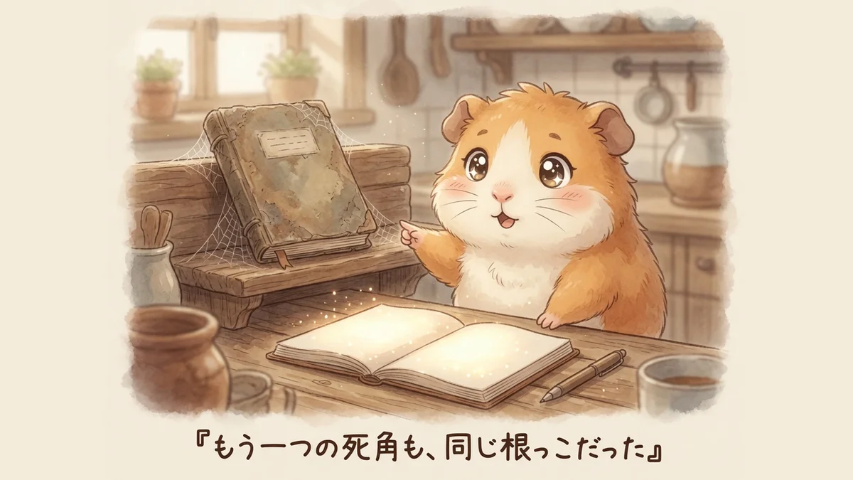 モルくんが古い帳面と新しい帳面を見比べて原因に気づいている水彩イラスト