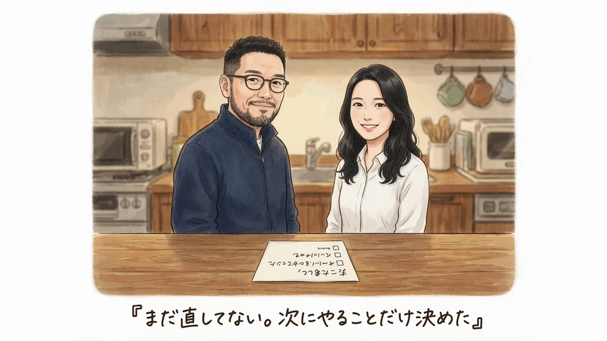 ひろくんとAI秘書の凛ちゃんが次にやることのメモを見て前向きに話している水彩イラスト
