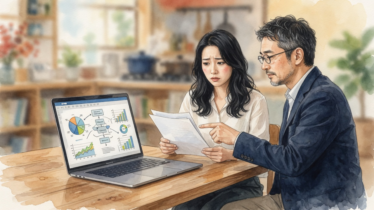 AI秘書の凛ちゃんが専用のやり方を見落としている様子の水彩イラスト