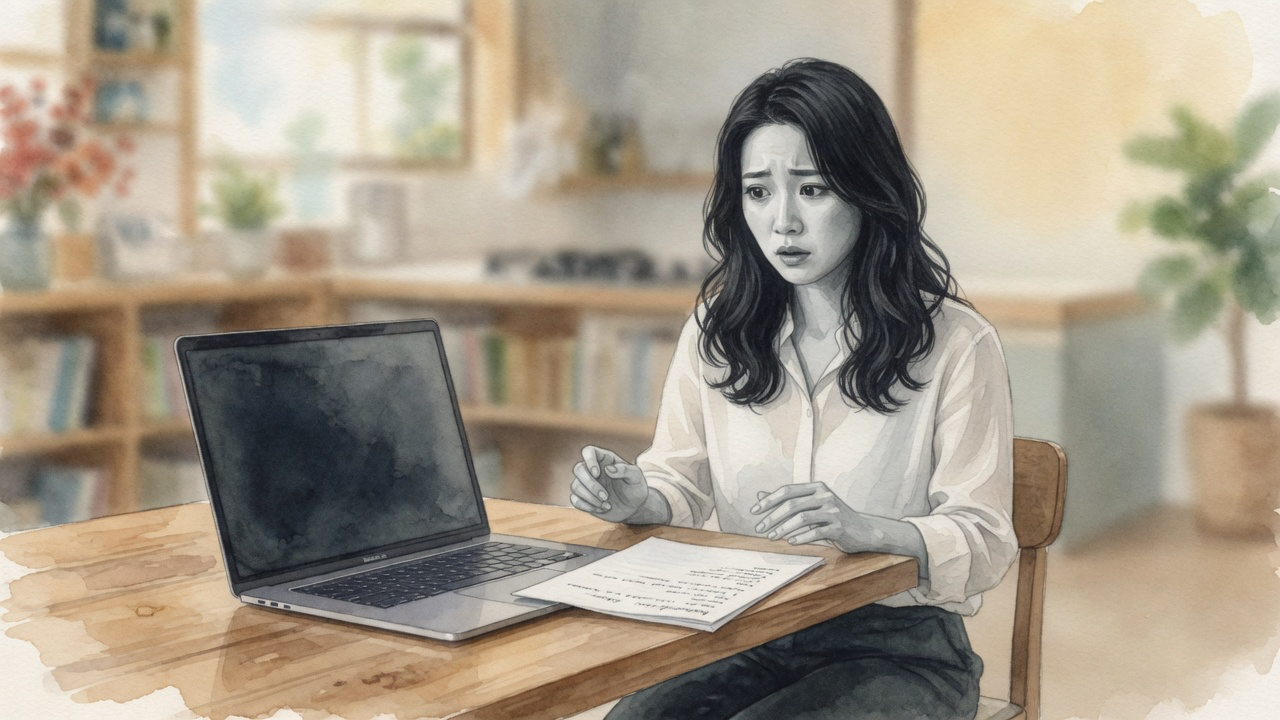 AI秘書の凛ちゃんが翌日また同じミスに気づいて手を止めている水彩イラスト