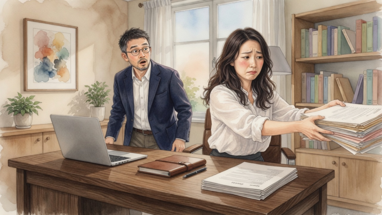AI秘書の凛ちゃんが確認なしで仕事を渡してしまう様子の水彩イラスト