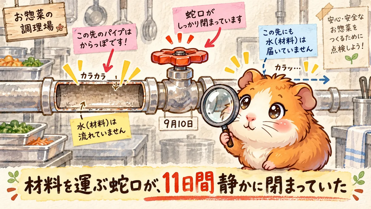 材料を運ぶ蛇口が9月10日から閉まっていて、パイプが空っぽになっている様子をモルくんが調べている図解