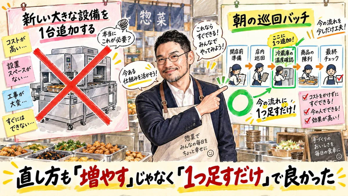 新しい設備を1台追加する案に×、既存の朝の巡回バッチに1つ足すだけの案に○を選ぶ図解
