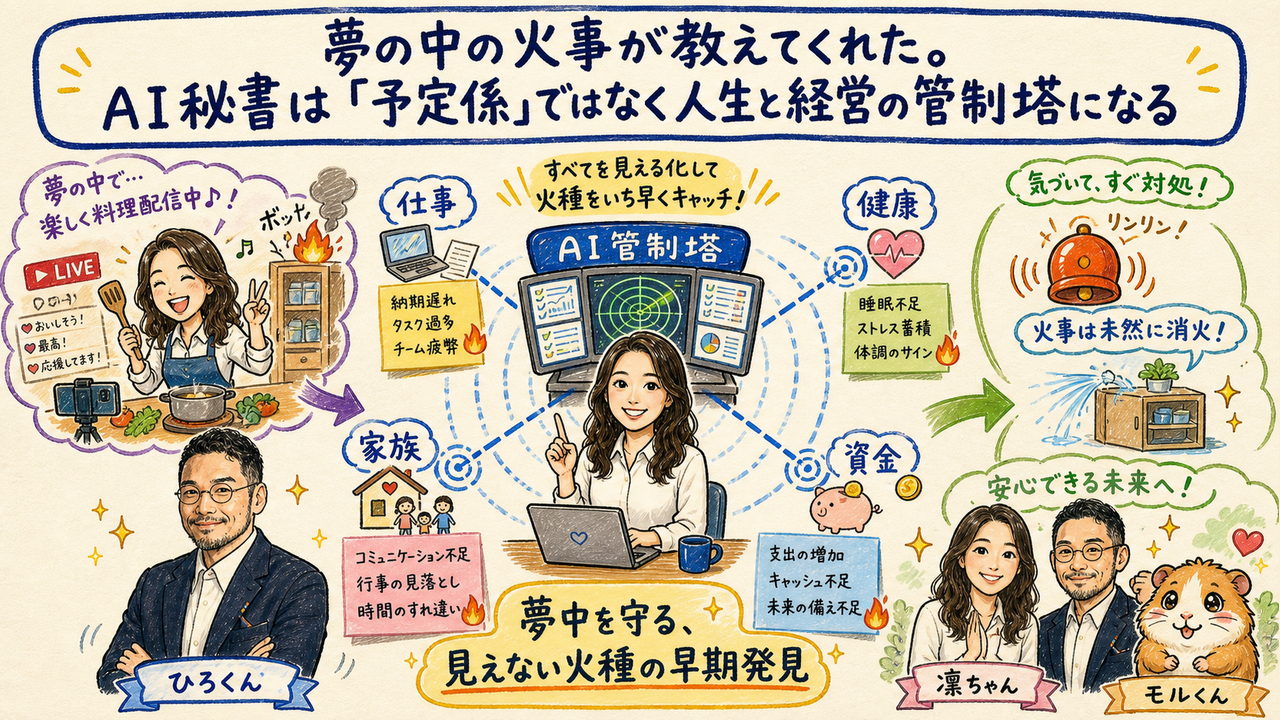 夢の中の火事が教えてくれた。AI秘書は「予定係」ではなく人生と経営の管制塔になる｜分身AI.comグラレコ