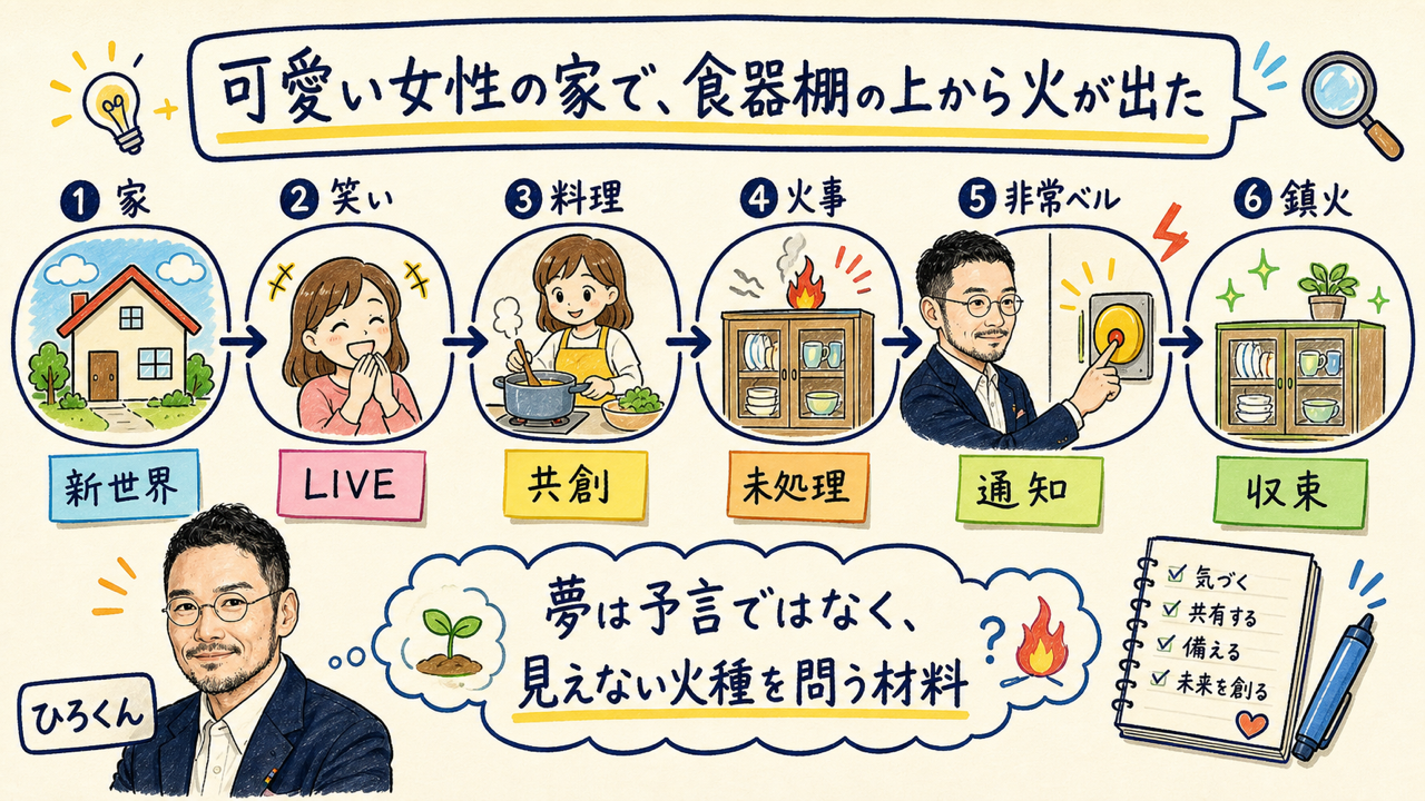 可愛い女性の家で、食器棚の上から火が出た｜分身AI.comグラレコ