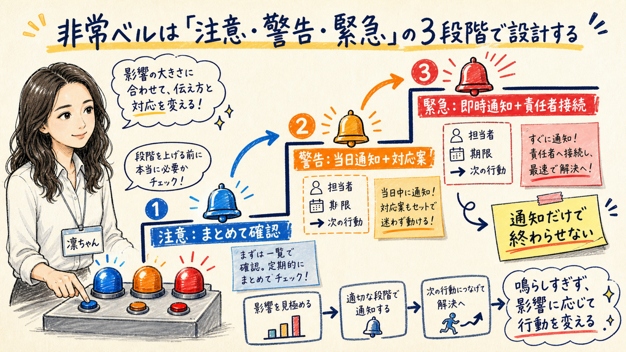 非常ベルは「注意・警告・緊急」の3段階で設計する｜分身AI.comグラレコ