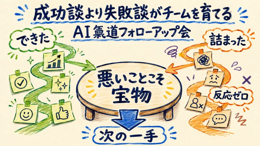 成功談と失敗談が円卓に集まり、次の一手へ変わるAI氣道フォローアップ会の図解