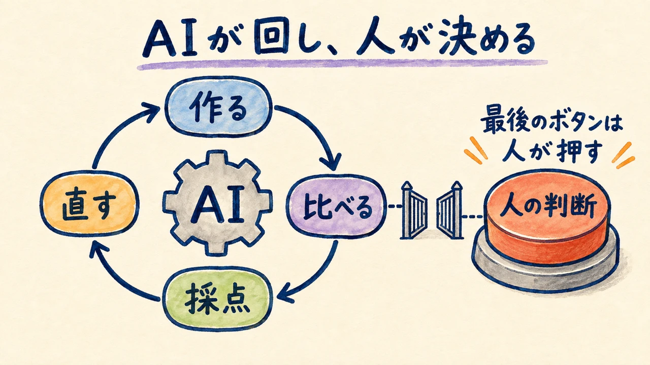 成功談より失敗談がチームを育てる|16人のAI氣道フォローアップ会 AIが改善ループを回し、最後は人が判断する役割分担の図解