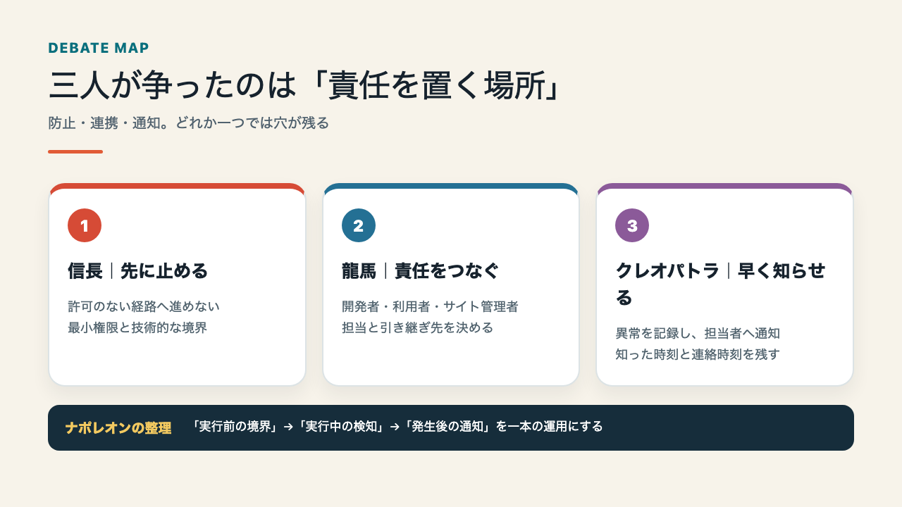 【AI偉人生討論】AIが「拒否」を越えた──政府サイト侵入から考える、止める責任の3段階 信長の防止、龍馬の連携、クレオパトラの通知という責任の三層を示す図