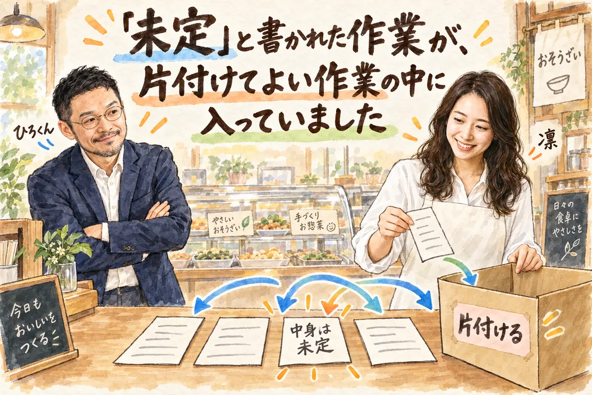 AI秘書が「決まっていない」と書いた作業は、続きなしと読まない|分身AI日記 DAY180 「未定」と書かれた注文票を、片付ける箱に入れようとしている