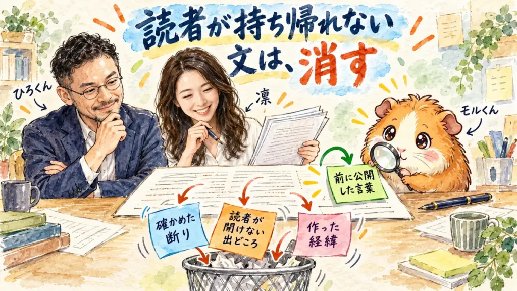 AIに書かせた記事は、公開前に読者の得にならない文を消す|分身AI日記 DAY181 読者が持ち帰れない文は、消す 全体図