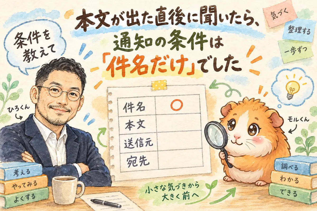 本文が出た直後に聞いたら、通知の条件は「件名だけ」でした