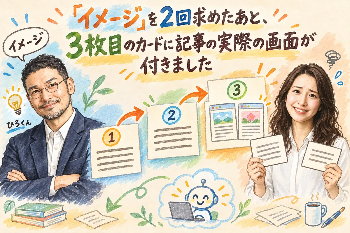 「イメージ」を2回求めたあと、3枚目のカードに記事の実際の画面が付きました
