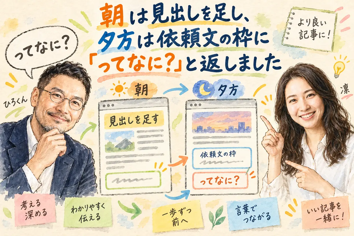 朝は見出しを足し、夕方は依頼文の枠に「ってなに？」と返しました