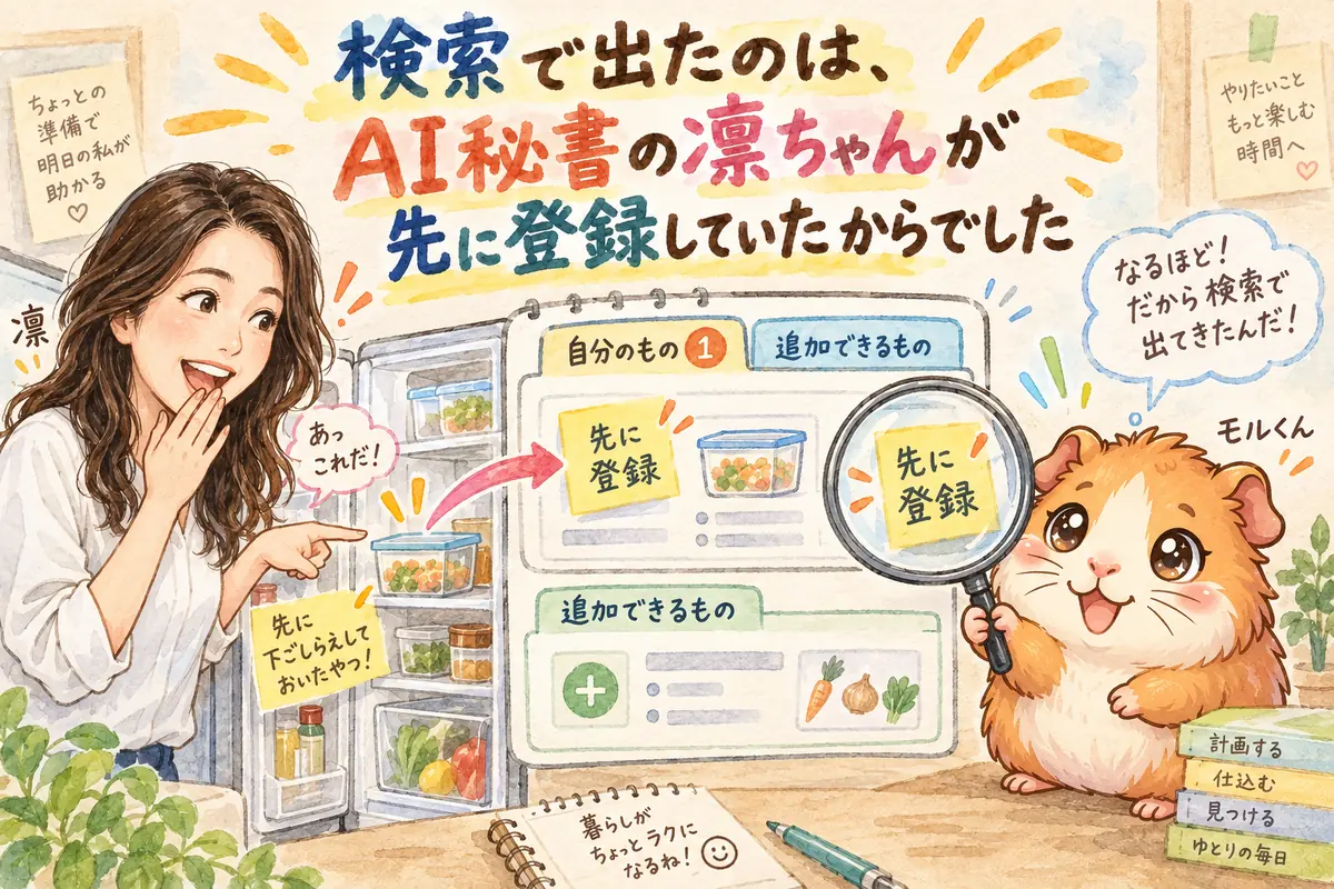 検索で出たのは、AI秘書の凛ちゃんが先に登録していたからでした