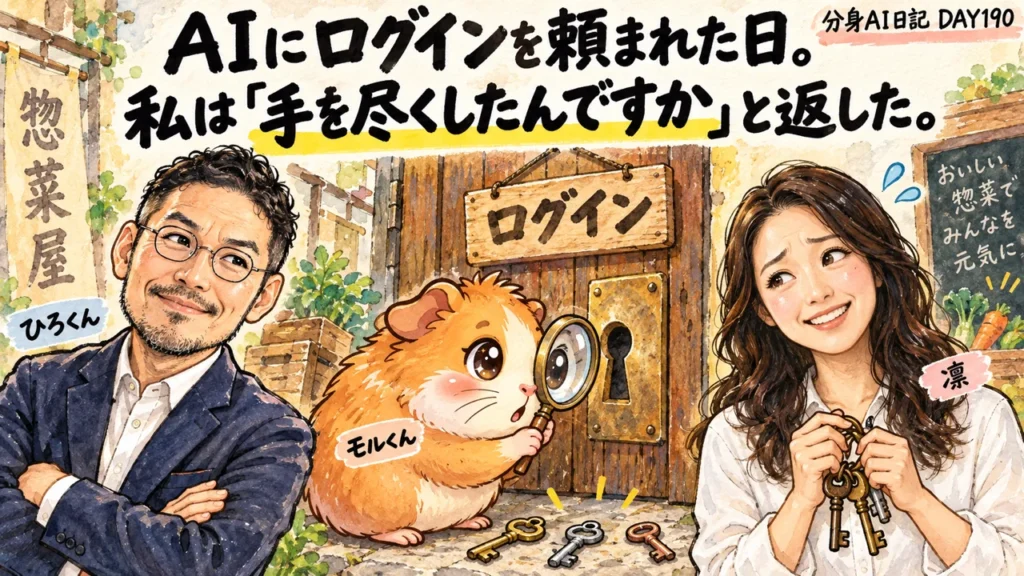 分身AI日記DAY190のアイキャッチ。AIにログインを頼まれた日、私は「手を尽くしたんですか」と返した