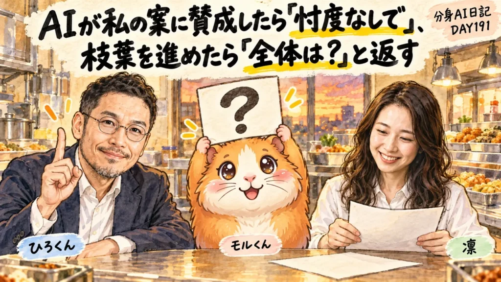 分身AI日記DAY191のアイキャッチ。AIが私の案に賛成したら「忖度なしで」、枝葉を進めたら「全体は？」と返す