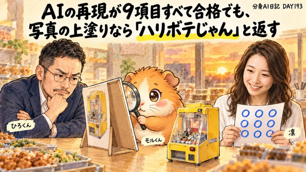 分身AI日記DAY193のアイキャッチ。AIの再現が9項目すべて合格でも、写真の上塗りなら「ハリボテじゃん」と返す