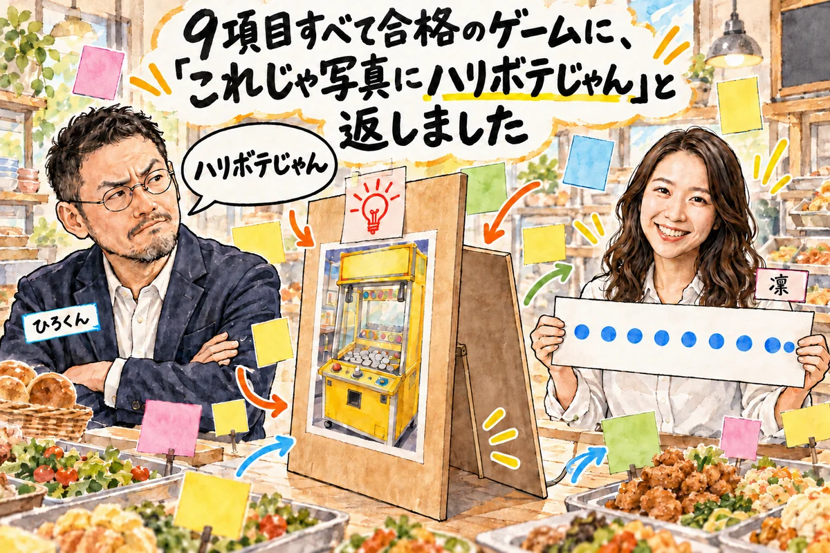 9項目すべて合格のゲームに、「これじゃ写真にハリボテじゃん」と返しました