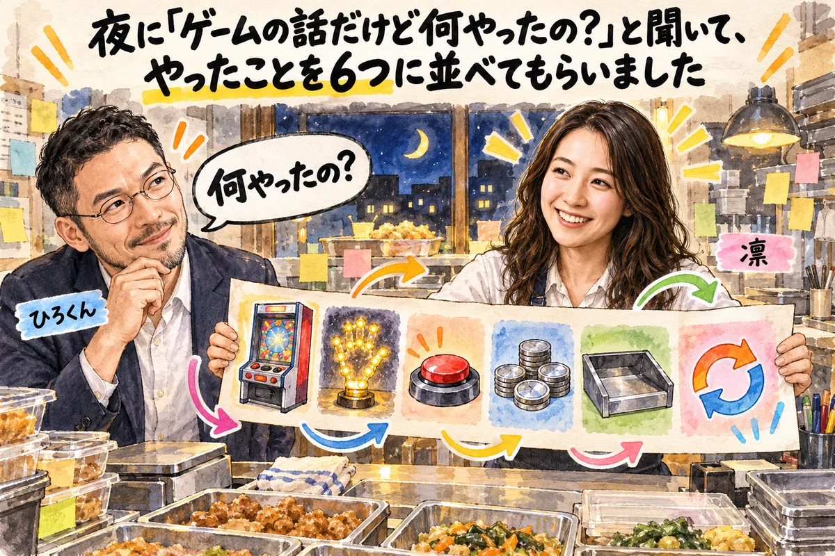 夜に「ゲームの話だけど何やったの?」と聞いて、やったことを6つに並べてもらいました