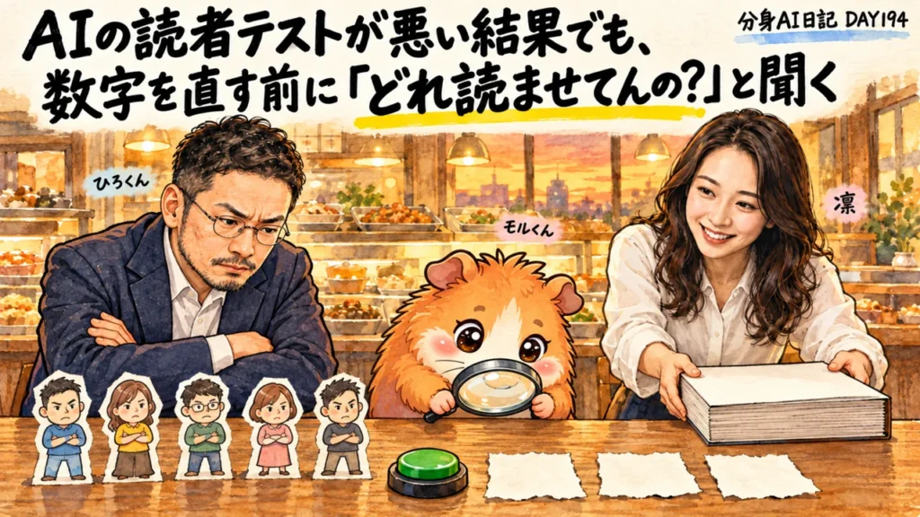 分身AI日記DAY194のアイキャッチ。AIの読者テストが悪い結果でも、数字を直す前に「どれ読ませてんの？」と聞く