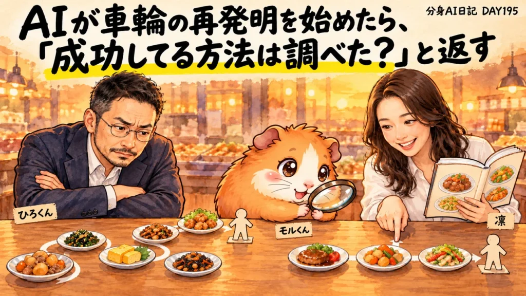 分身AI日記DAY195のアイキャッチ。AIが車輪の再発明を始めたら、「成功してる方法は調べた？」と返す