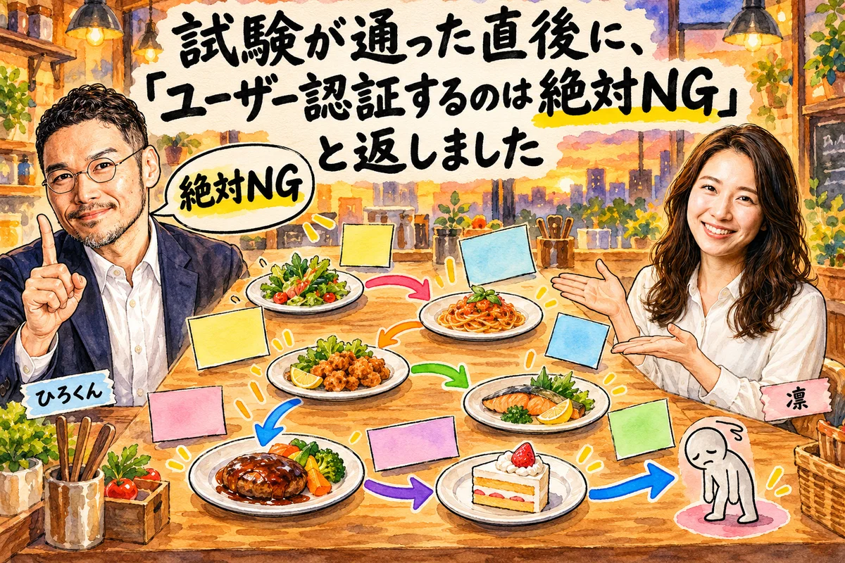 試験が通った直後に、「ユーザー認証するのは絶対NG」と返しました