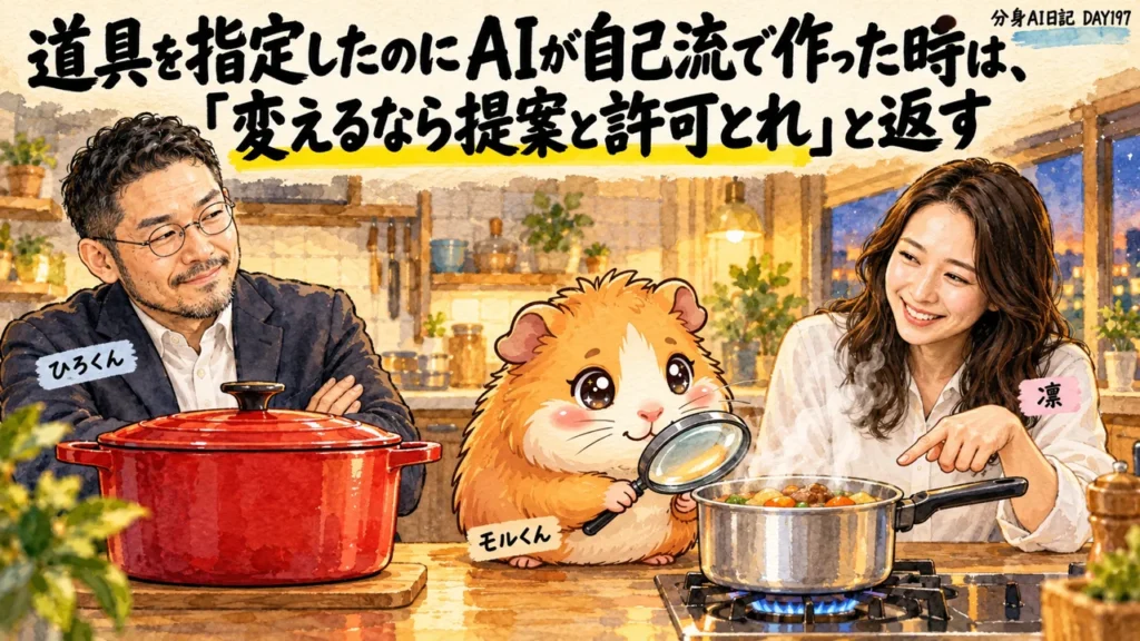 分身AI日記DAY197のアイキャッチ。道具を指定したのにAIが自己流で作った時は、「変えるなら提案と許可とれ」と返す