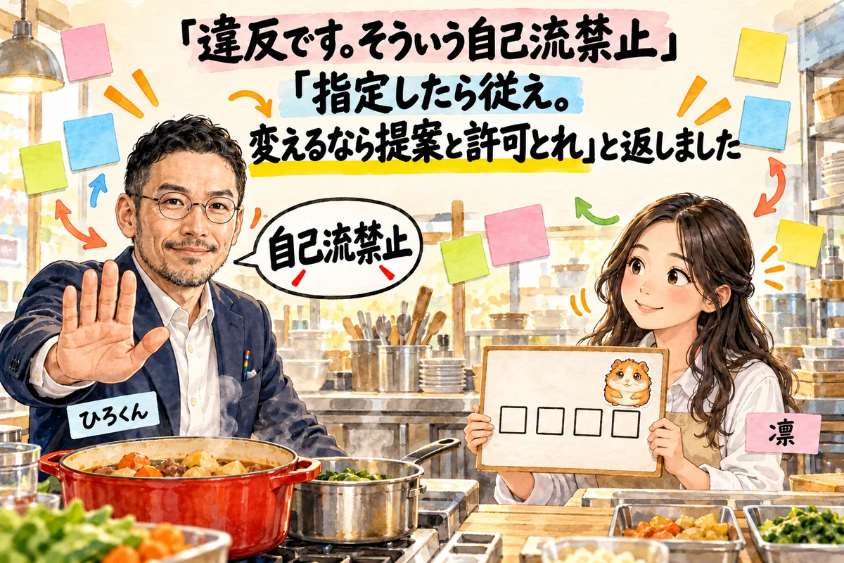 「違反です。そういう自己流禁止」「指定したら従え。変えるなら提案と許可とれ」と返しました