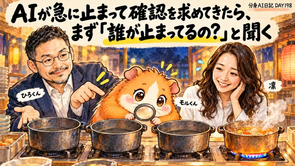 分身AI日記DAY198のアイキャッチ。AIが急に止まって確認を求めてきたら、まず「誰が止まってるの?」と聞く