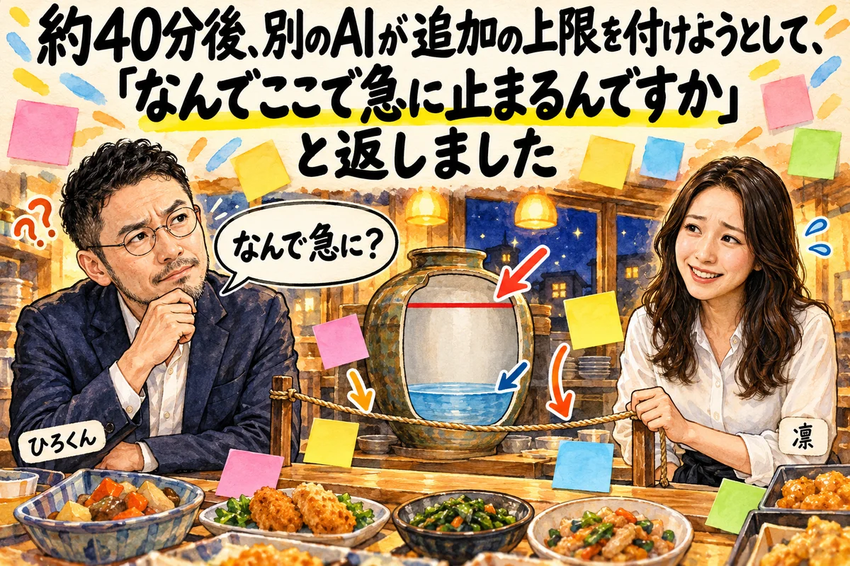 約40分後、別のAIが追加の上限を付けようとして、「なんでここで急に止まるんですか」と返しました
