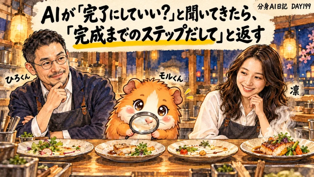 AIが「完了にしていい?」と聞いてきたら、「完成までのステップだして」と返す|分身AI日記 DAY199 分身AI日記DAY199のアイキャッチ。AIが「完了にしていい?」と聞いてきたら、「完成までのステップだして」と返す