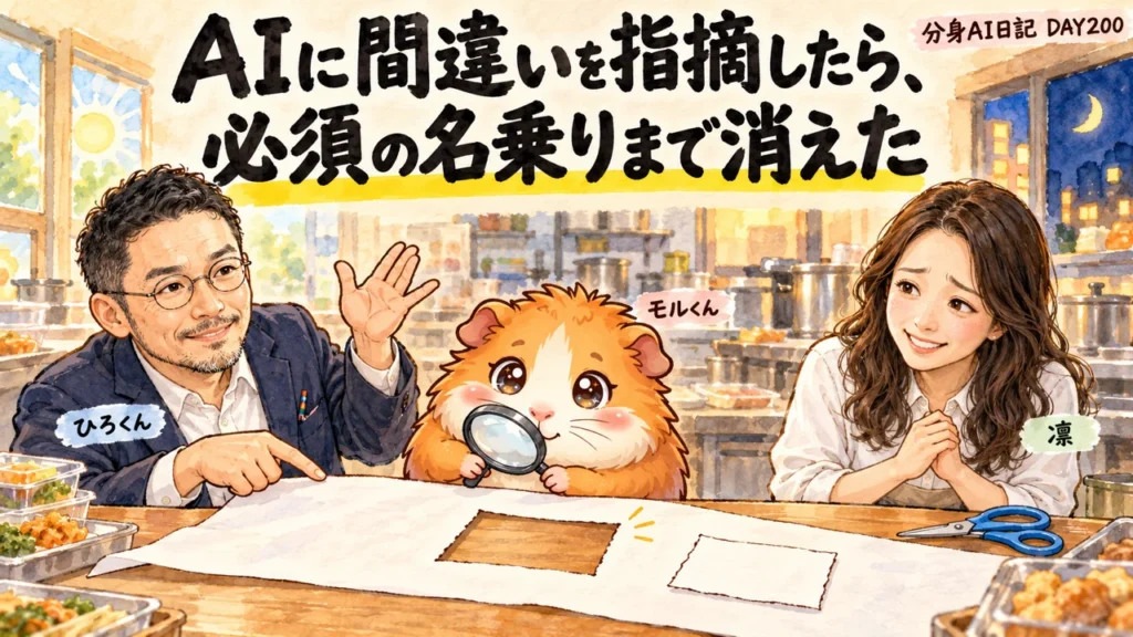 AIに間違いを指摘したら、必須の名乗りまで消えた。「必須だろ」と返した話|分身AI日記 DAY200 分身AI日記DAY200のアイキャッチ。AIに間違いを指摘したら、必須の名乗りまで消えた