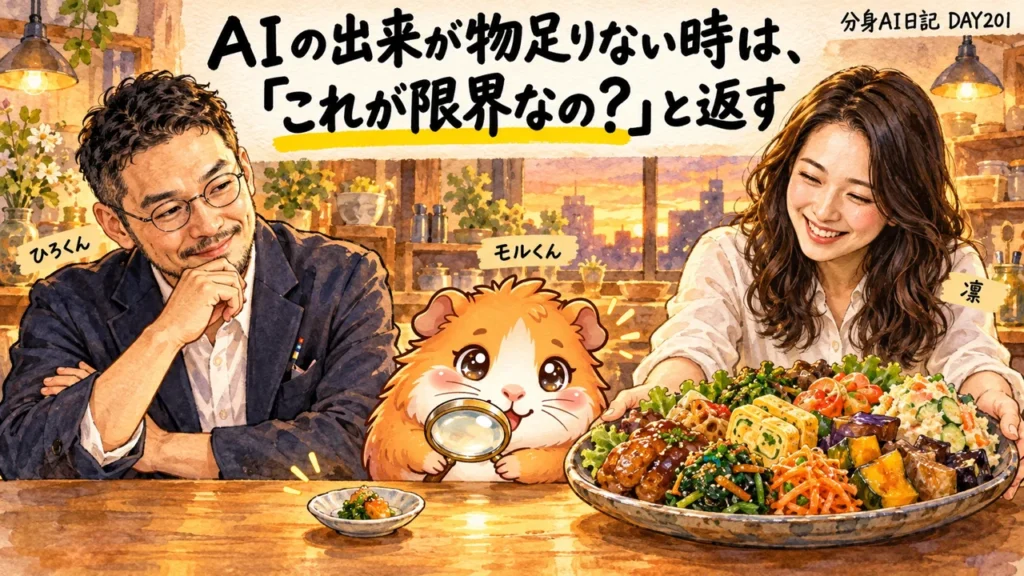 分身AI日記DAY201のアイキャッチ。AIの完了の確認に、4つの言葉で返した