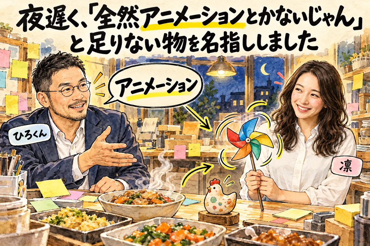 夜遅く、「全然アニメーションとかないじゃん」と足りない物を名指ししました