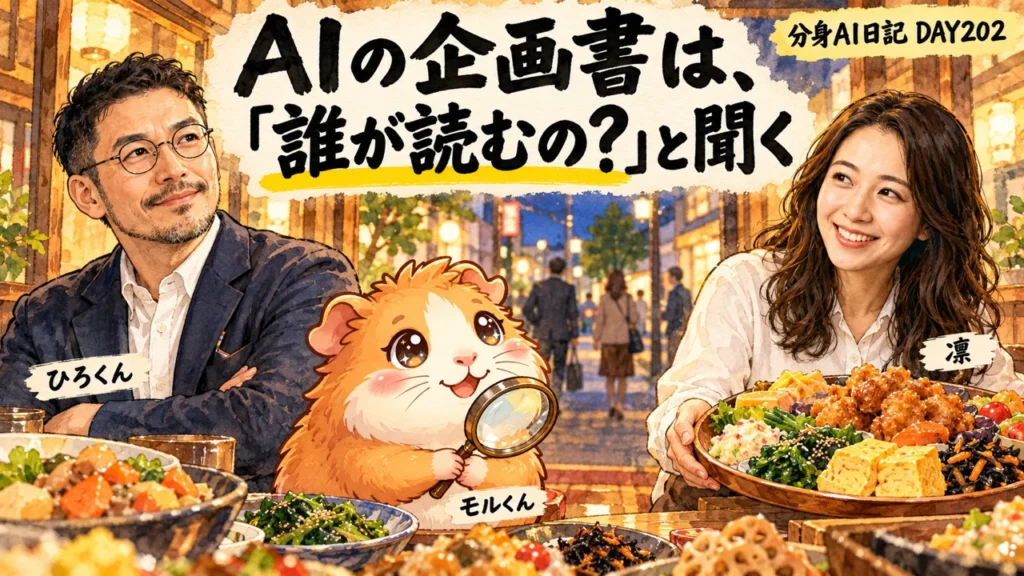 分身AI日記DAY202のアイキャッチ。AIの企画書は、「誰が読むの？」と聞く