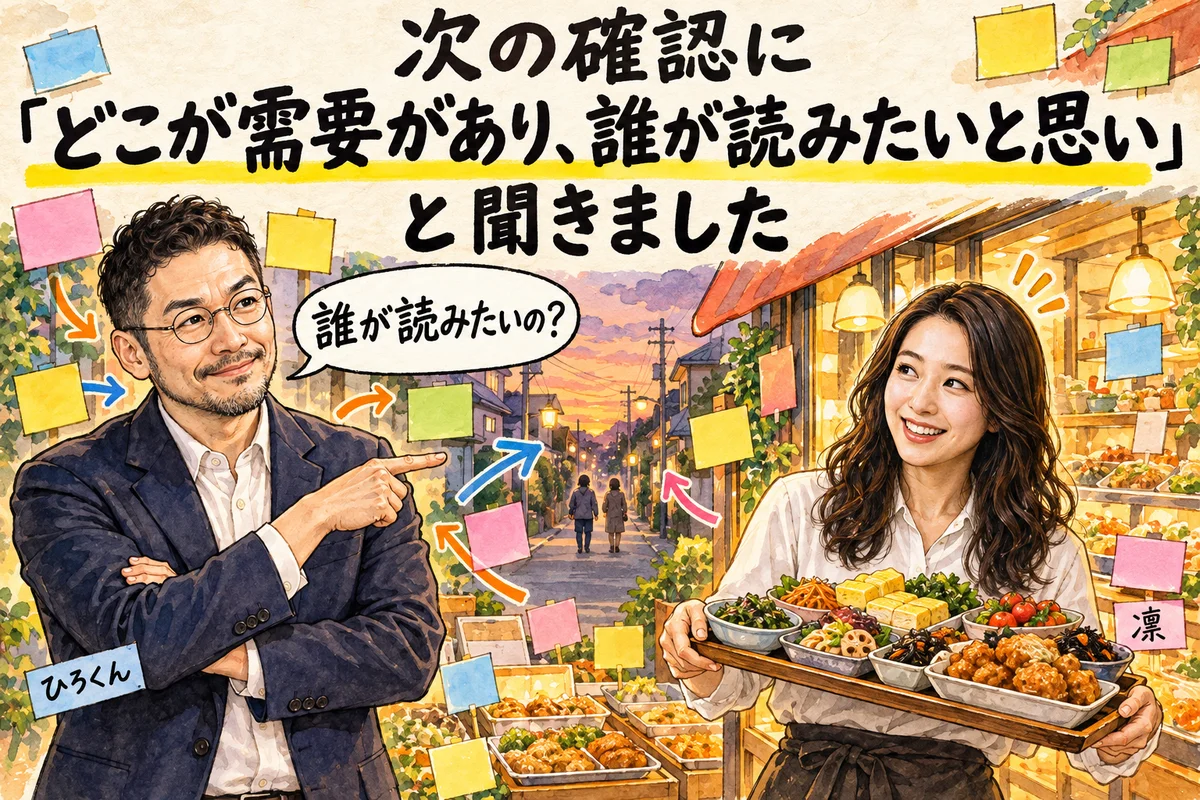 次の確認に「どこが需要があり、誰が読みたいと思い」と聞きました