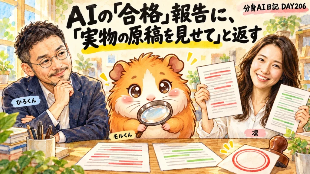 分身AI日記DAY206のアイキャッチ。AIの「合格」報告に、「実物の原稿を見せて」と返す