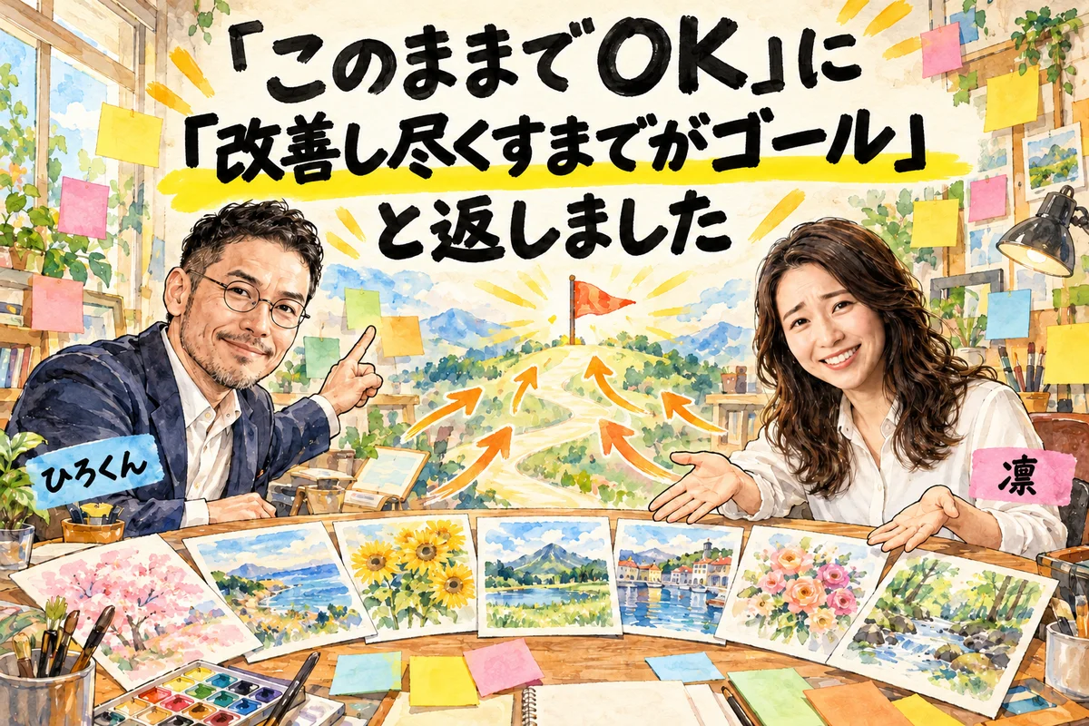 「全図解して」の次に「改善し尽くすまでがゴール」と返しました