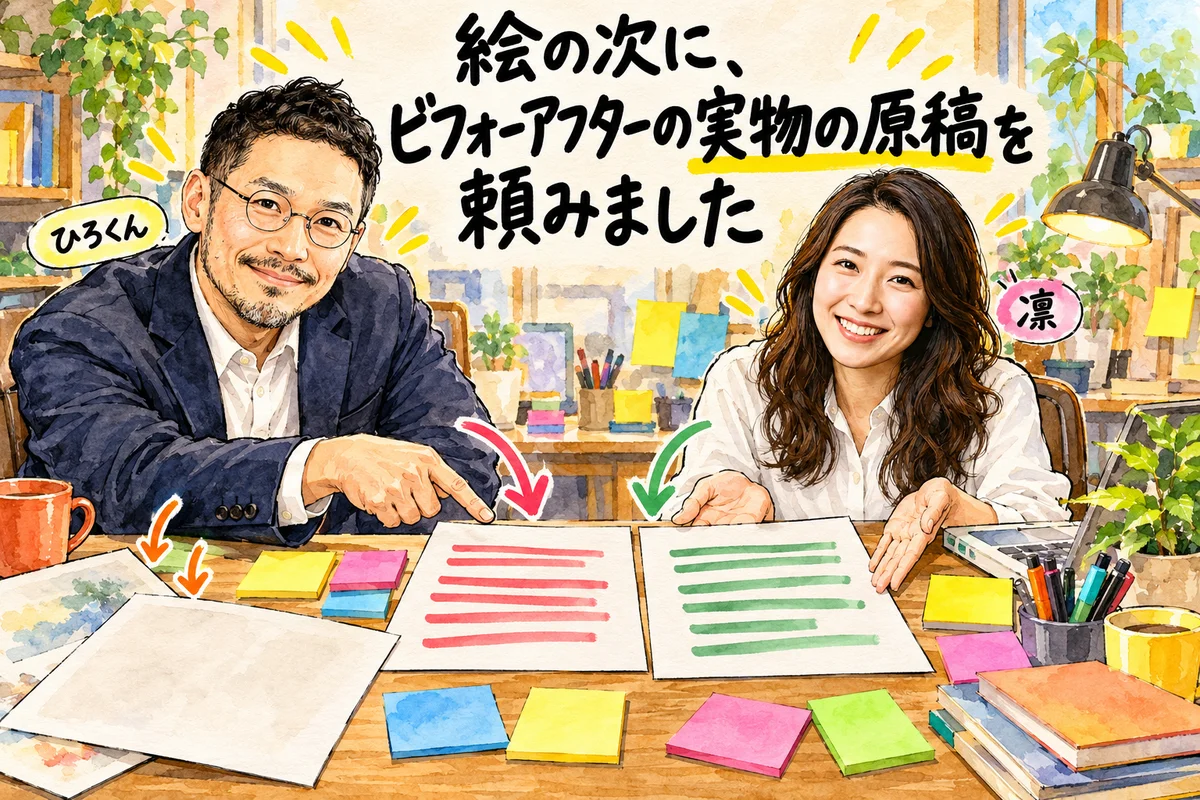 絵の次に「ビフォーアフターの実物の原稿」を頼みました