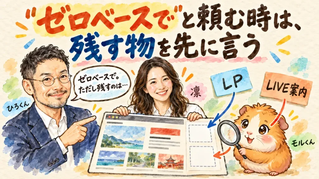「ゼロベースで」と頼む時は、残す物を先に言う｜ひろくんと凛とモルくん、LPとLIVE案内のカードを持つ水彩イラスト