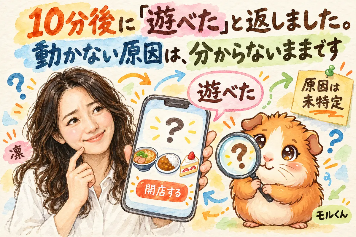 10分後に「遊べた」と返しました。動かない原因は、分からないままです