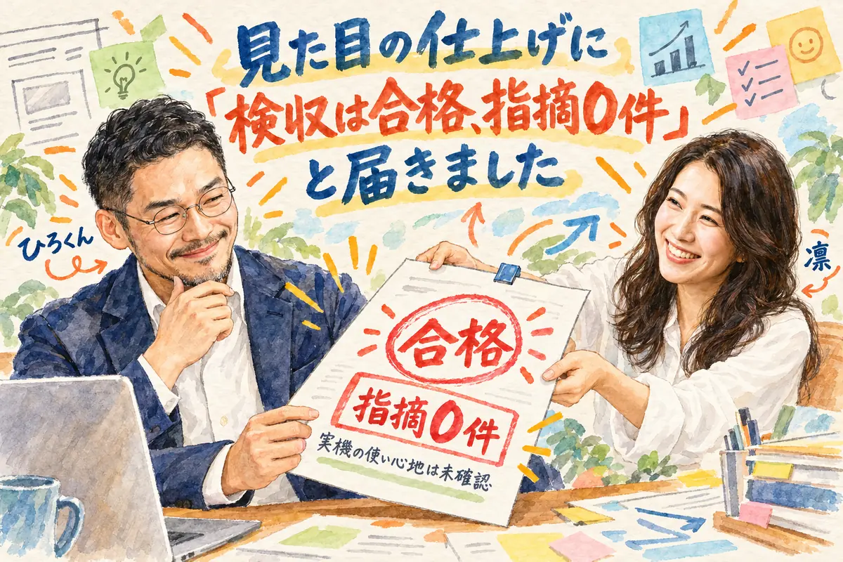 見た目の仕上げに「検収は合格、指摘0件」と届きました