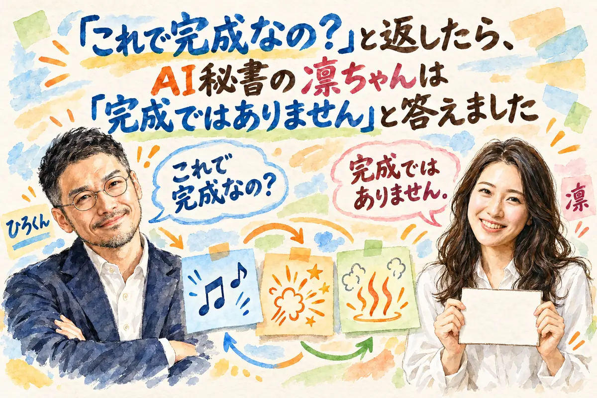 「これで完成なの？」と返したら、AI秘書の凛ちゃんは「完成ではありません」と答えました