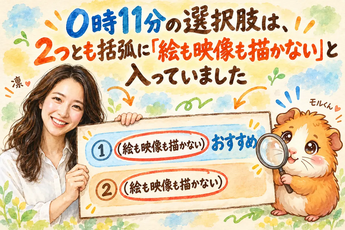 0時11分の選択肢は、2つとも括弧に「絵も映像も描かない」と入っていました