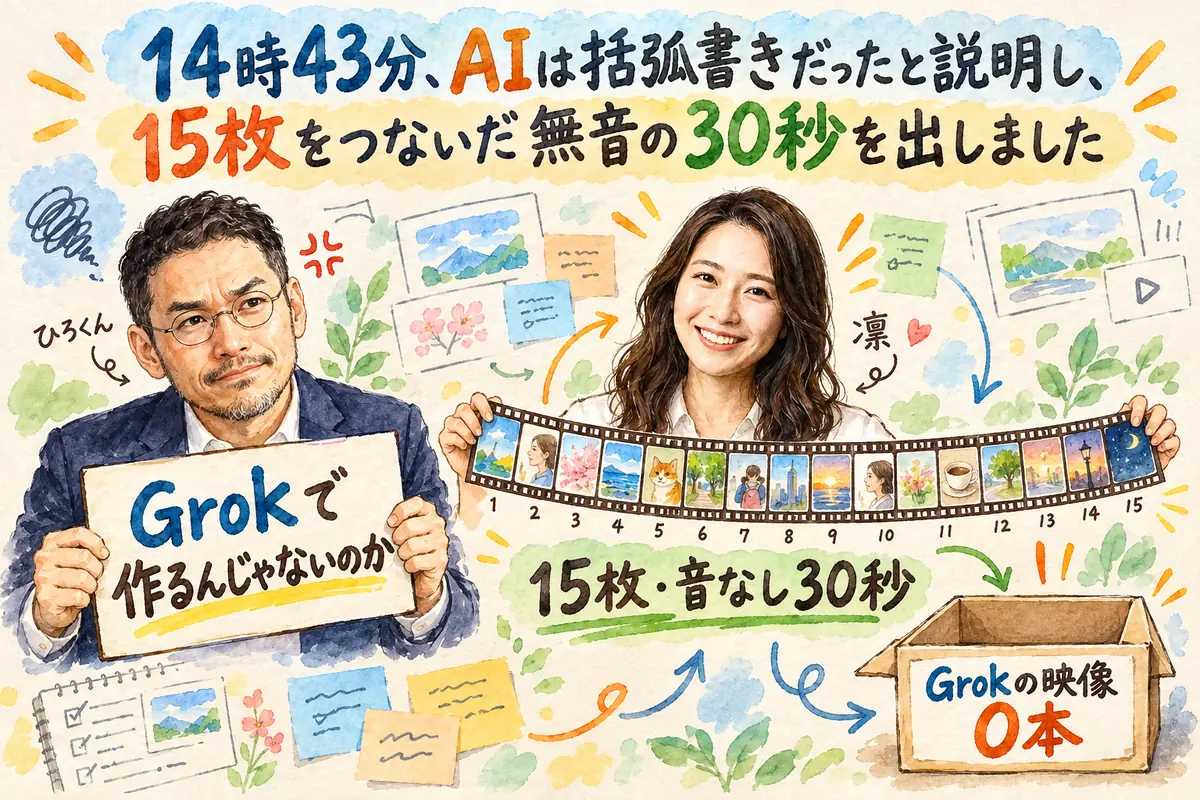 14時43分、AIは括弧書きだったと説明し、15枚をつないだ無音の30秒を出しました